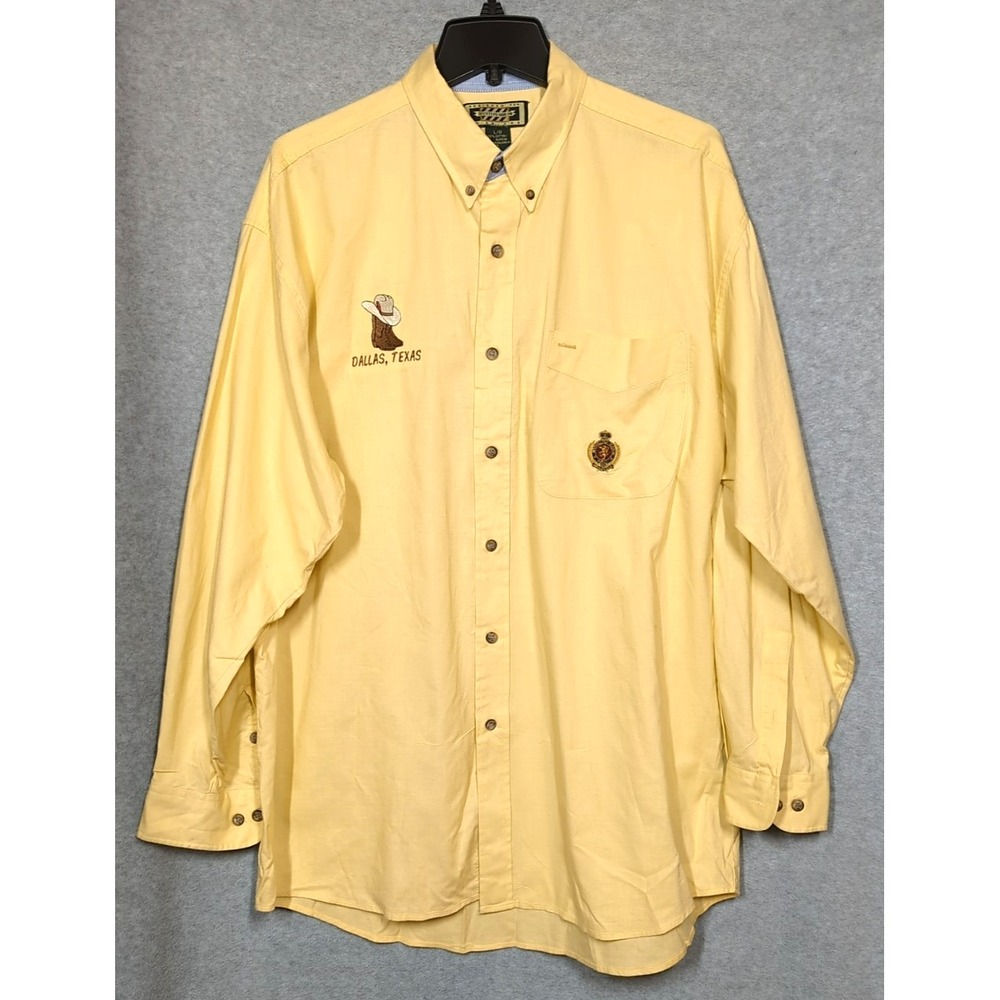 Vtg Hunting Horn J. Riggings Men Shirt L Embroidered Dallas, Texas Yellow Cowboy